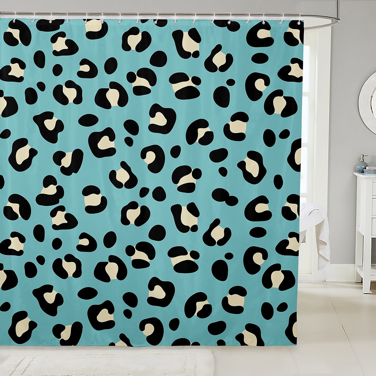 YST Teal Leopard Print Bath Curtain Beige Animal Printed Shower Curtain