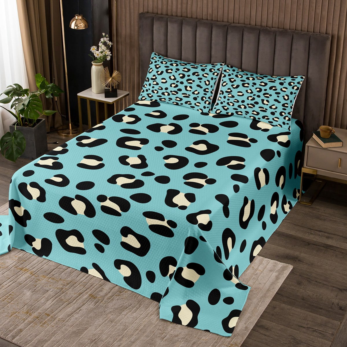 YST Teal Leopard Print Bedspread King Size Beige Animal Printed Quilt