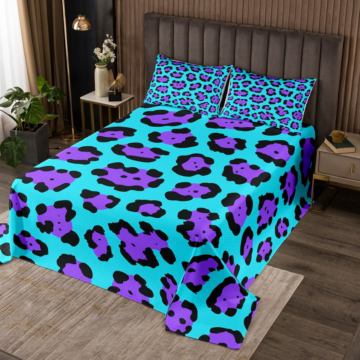 YST Teal Leopard Print Bedspread King Size Purple Animal Printed Quilt