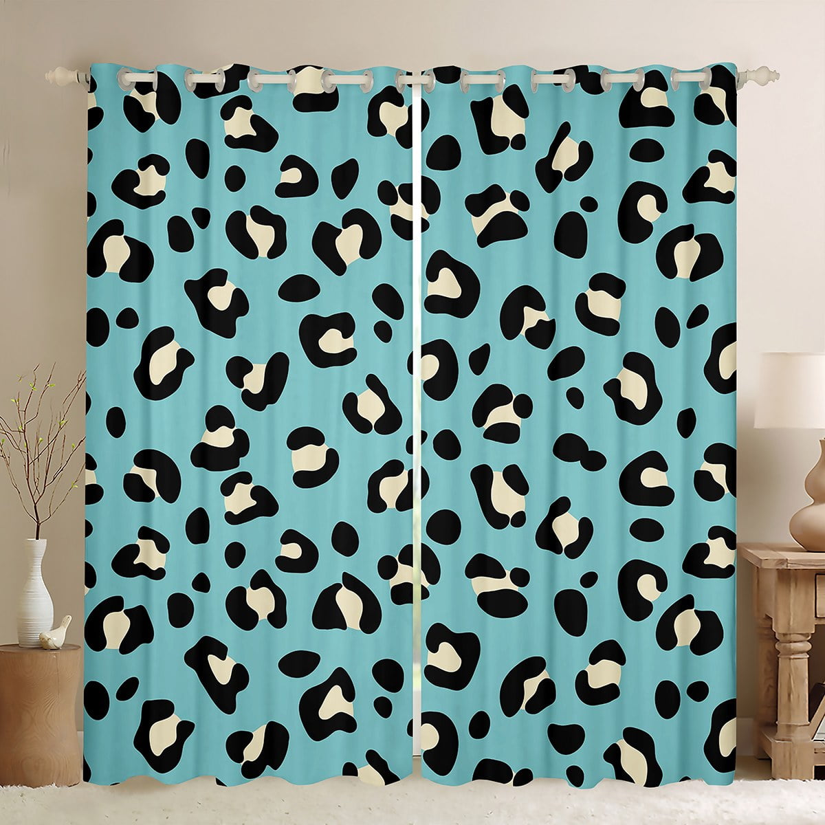 YST Teal Leopard Print Curtains Beige Animal Printed Blackout Curtains