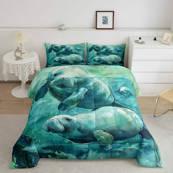 Teal Manatee Twin Size Comforter Set ,Manatee Family Bedding for Manatee Lovers,Cartoon Sea Animals Duvet Set,Coastal Creature Quilt,Blue Green Manatee Gift Down Comforter