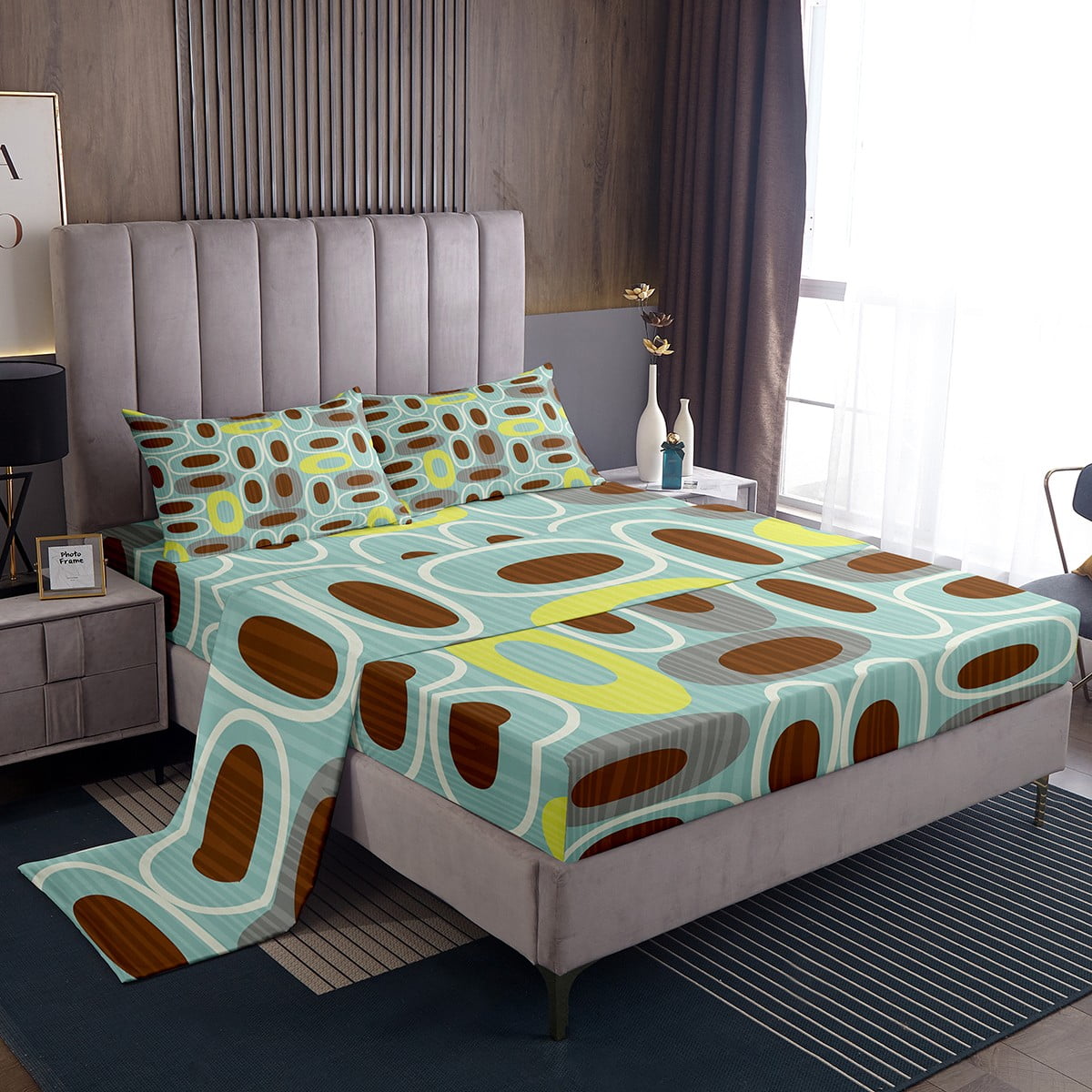 Teal Minimalist Full Sheets Geometric Circles Bed Set, Abstract Spiral ...