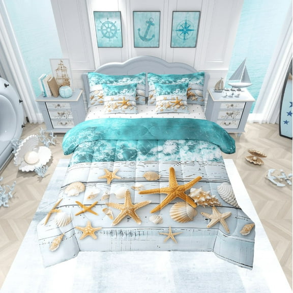 Teal Ocean Comforter Set with Sheets Twin 7 Piece Coastal Beach Bed in a Bag,Sea Shell Starfish Bedding Set (1 Comforter,1 Fitted Sheet,1 Flat Sheet,2 Pillowcases,2 Throw Pillow Covers)