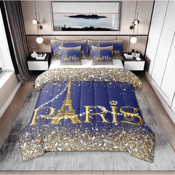 Teal Paris Comforter Sets Queen for Women 7 Pcs,Girly Glitter Eiffel Tower Bed in A Bag for Valentine's Day Gift,(Not Real)Diamond Bedding Sets,Sparkles Sequins Bed Sets with Sheet Set