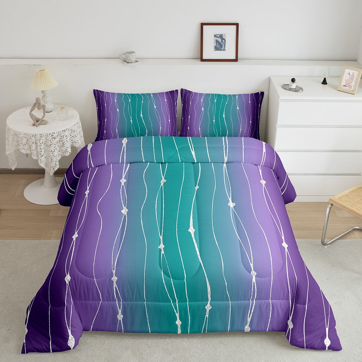 YST Teal and Purple Gradient Bedding Full Watercolor Ombre Comforter