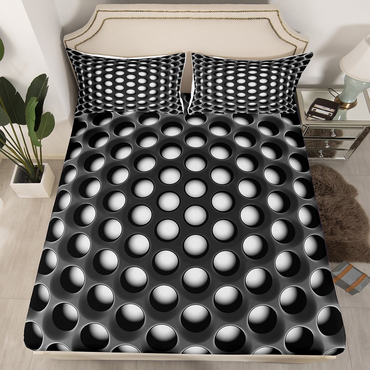 Yst Teen Boy Abstract Honeycomb Bedding Set Black White Geometric Bed