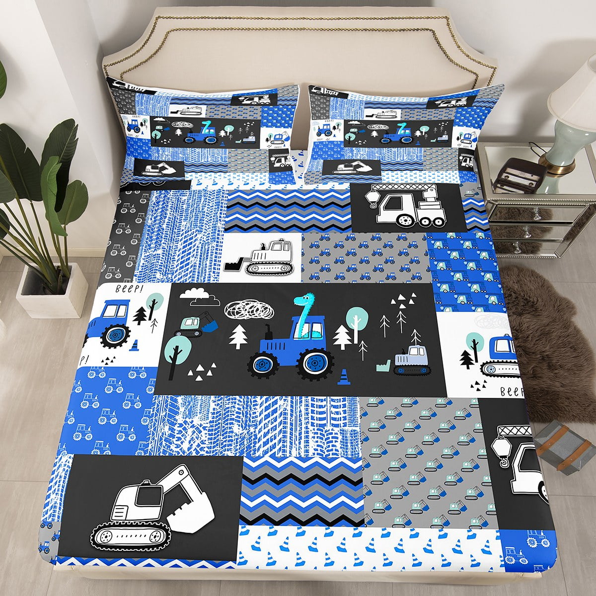 YST Teen Boy Car Bedding Set Twin Kids Blue Construction Truck Bed ...