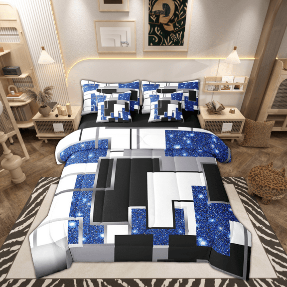Teen Navy Blue Black Grey Bedding Set Geometric Checkered Comforter Set With Sheets 7 Piece King Abstract Grids Bed In A Bag Glitter Stars Sequins Decor Bed Set