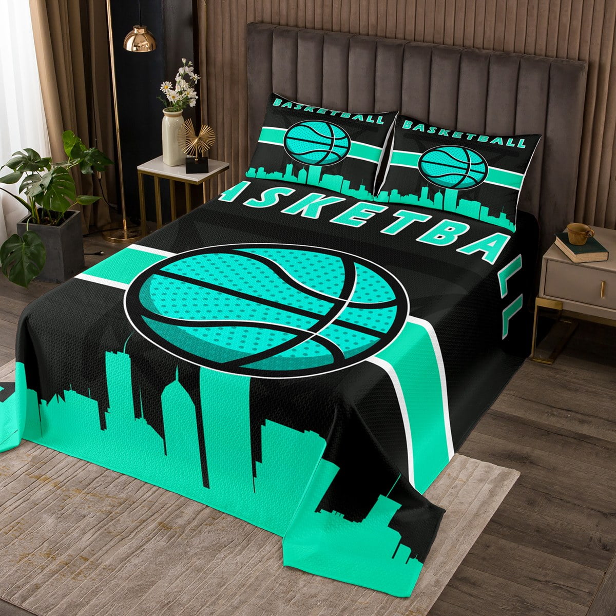YST Teen Boys Basketball Bedspread King Size Sport Quilt Set, Teal