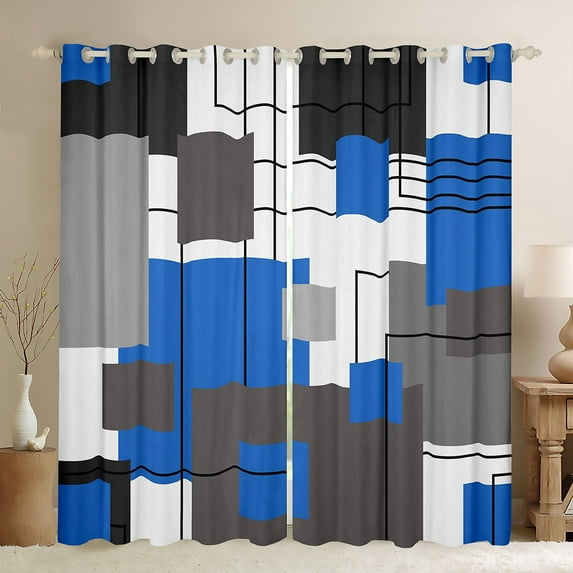 Teen Blue Square 30%-50% Blackout Curtains 42"Wx90"L Black Grey Geometric Square Window Curtains Black Geometry Striped Window Curtains Bedroom Modern Abstract Curtains 2 Panels