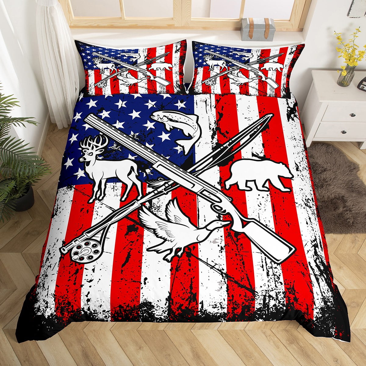 YST Teen Boys Hunting Fishing Bedding Sets For Men Queen Grunge