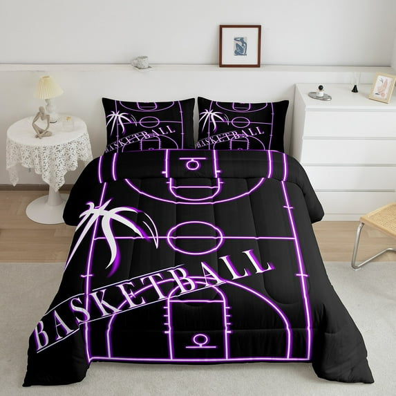 Teens Basketball Bedding Sets Sports Comforter Set, Black Purple Basketball Court Duvet Insert Ball Gaming Down Comforter, Sport Gamer Bedding Comforter Sets (Black Reversible)