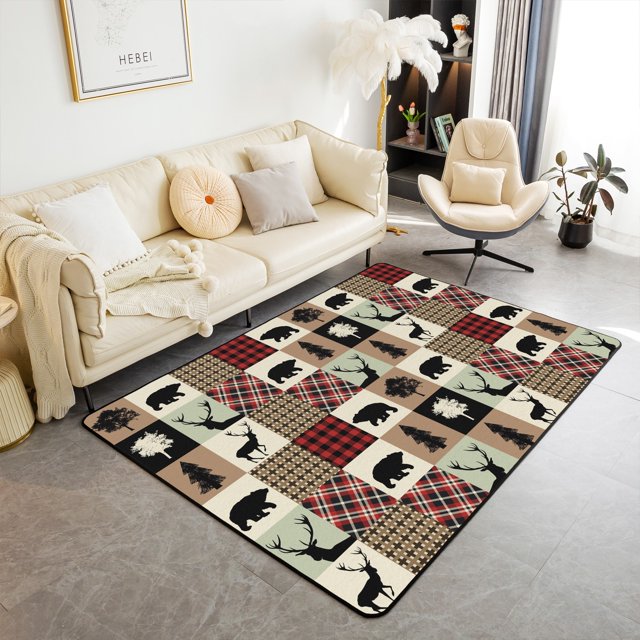 YST Teens Hunting Lodge Rug,Country Cabin Area Rug,Moose Deer Bear Pine