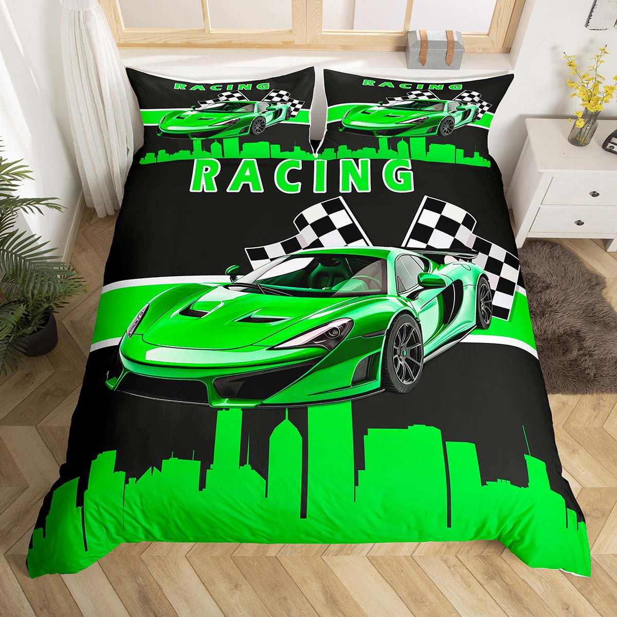 YST Teens Race Car Bed Set Green Black Duvet Cover Queen Size for Kids