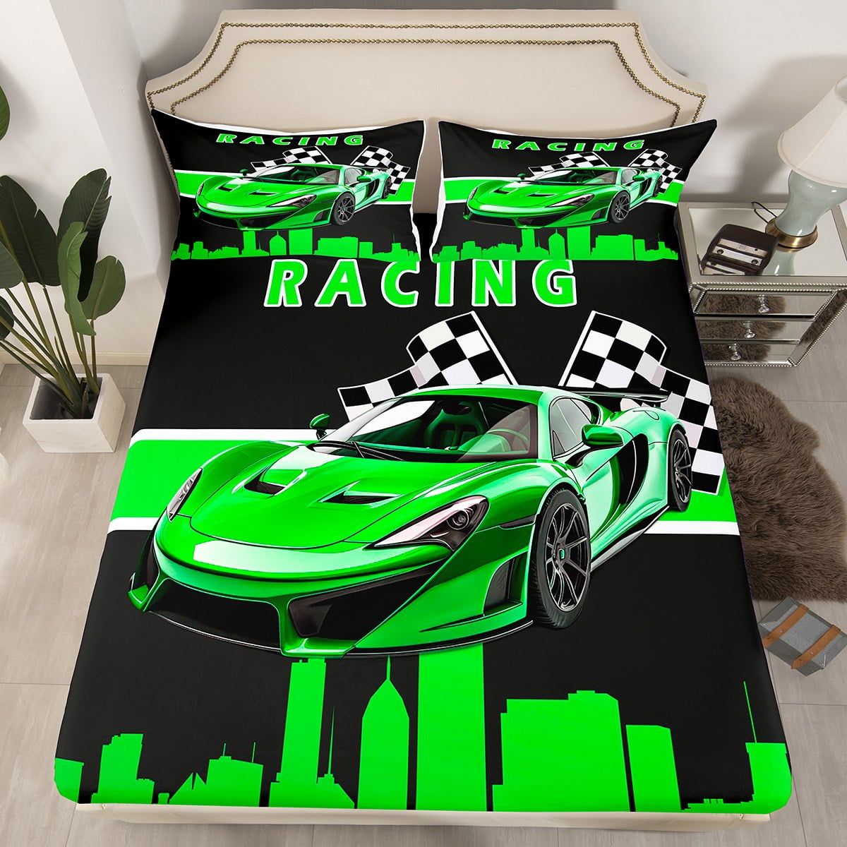 Teens Race Car Bed Sheets Green Black Fitted Sheet Twin Size , Racing ...