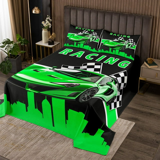 YST Teens Race Car Bedspread Twin Size Green Black Quilt Set for Kids Boys Girls, Racing Car