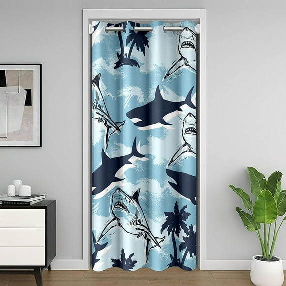 Teens Shark Door Curtain For Doorway Privacy,Ocean Animal Blackout Curtain ,Retro Blue Tie Dye Door Drape,Underwater Door Window Curtain 59"W X 80"L for Living Room