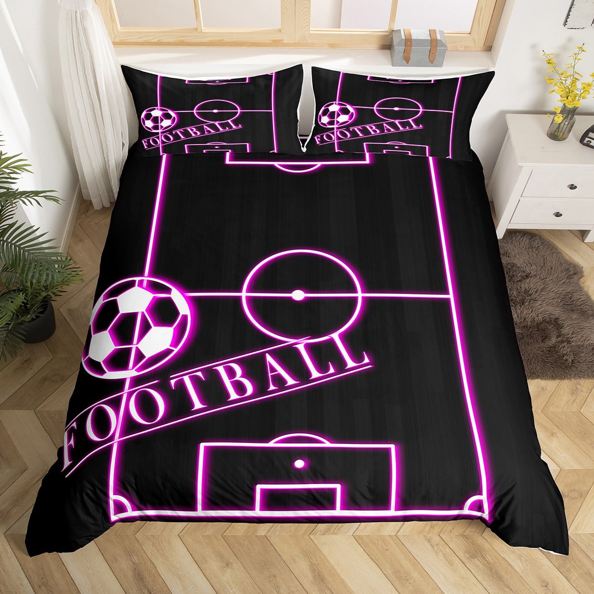 YST Teens Soccer Duvet Cover Queen Sports Bedding Set for Boys, Black