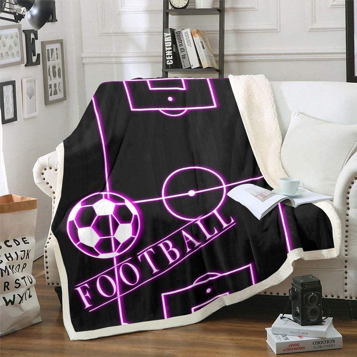 YST Teens Soccer Sherpa Blanket Sports Blanket for Boys Black Hot Pink Football Field Throw Blanket for Chair Ball Gaming Fleece Blanket Sport Gamer Plush Blanket Walmart