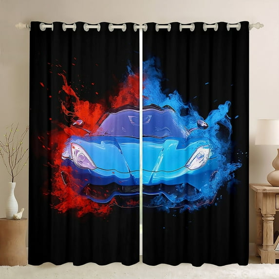 YST Teens Sports Car Curtains Blue Race Car Blackout Curtains for Boys Men, Red Blue Graffiti Splatters Curtains & Drapes Cool Speed Racing Car Bedroom Curtains, Black Window Treatments