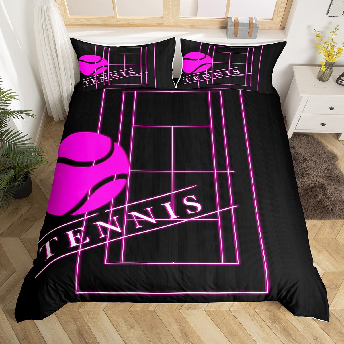 YST Teens Tennis Duvet Cover Queen Sports Bedding Set for Boys, Black