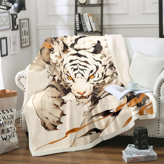 Tiger Throw Blanket Woodland Wild Animal Fleece Blanket Oriental Japanese Style Sherpa Blanket 3D Cartoon Blanket Youth Teenage Beige Room Decoration Microfiber