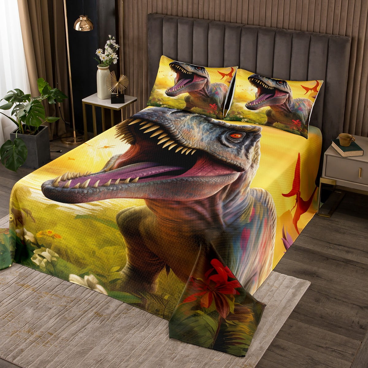 YST Toddler Dinosaur Coverlet King Size Green Leaves Bedding Set, Dino