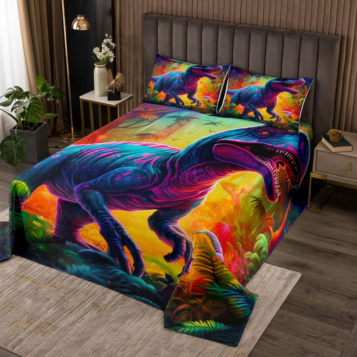 YST Toddler Dinosaur Twin Quilt Set Watercolor Dino Coverlet Set for