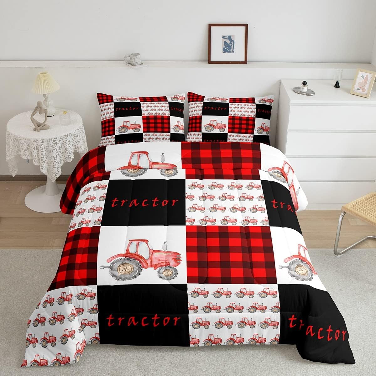 YST Tractor Bedding Set Red Tractor Comforter for Boys Kids Girls Teens ...