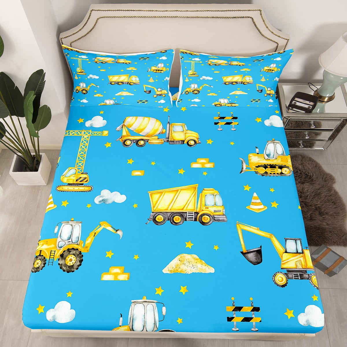 YST Tractor Twin Bedding Set for Boys Girls Kids,Yellow Construction