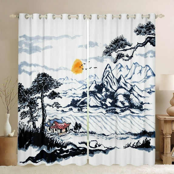 Erosebridal Traditional Ink Painting Curtains & Drapes Japanese Style Blackout Curtains, Rustic Lodge Cabin Curtains Country Sunset Scene Black Out Curtains, Nature Mountain Pine Tree Window Drapes