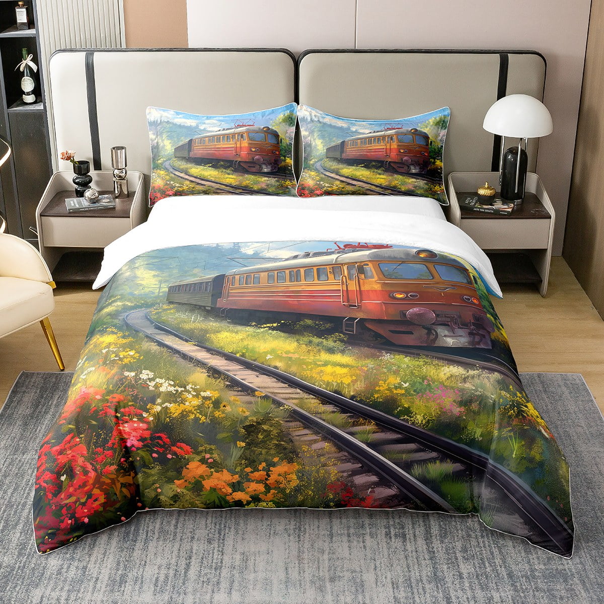 YST Train 100 Cotton Duvet Cover, Retro Steam Engine Comforter Cover
