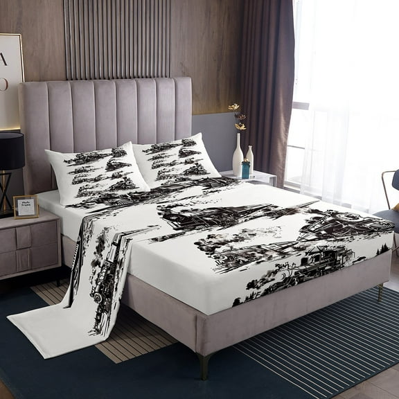 Erosebridal Trains Bed Sheets Set 4pcs, Steam Vehicles Printed Soft Luxury King Size Sheet Sets, Woodland Trees Mountains Bed Set For Bedroom, White Black Vintage Road Breathable Bedding