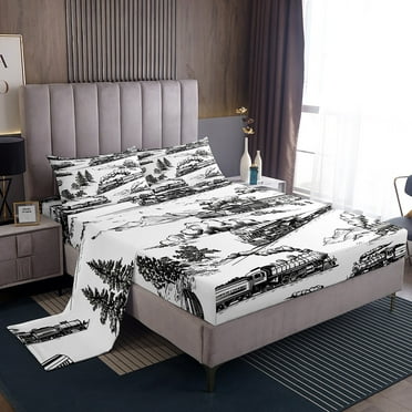 Erosebridal Trains Bed Sheets Set 4pcs, Woodland Trees Steam Printed Full Size Sheet Sets For Bed, Vintage Mountains Teens Soft Luxury Fitted Sheet, Black White Rustic Road Lightweight Bedding