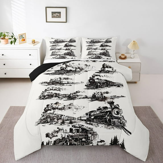 Erosebridal Trains Twin Size Comforter Set, Steam Vehicles Printed Soft Bedding Sets, Woodland Trees Mountains Comforter For Bedroom, White Black Vintage Road Lightweight Down Comforter