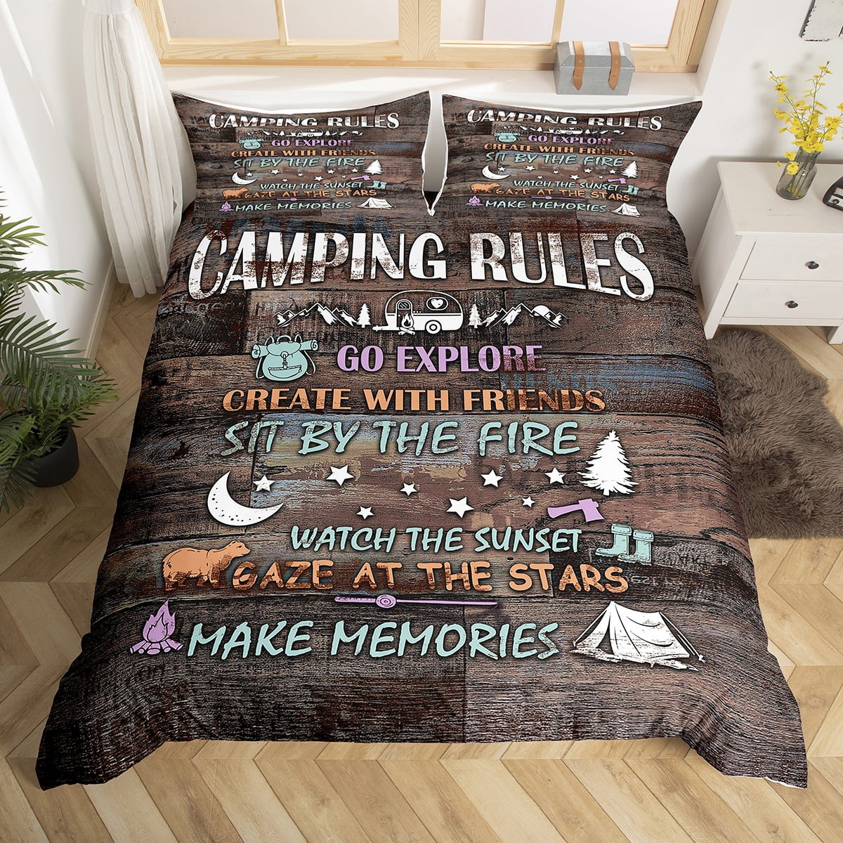 Feelyou Happy Camping Twin Bedding Set - 7 Piece Comforter Set With Sheets For Kids, RV, Camper Decor