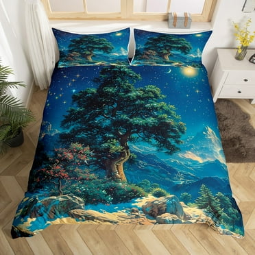 YST Tree Of Life Comforter Cover Japanese Style Bedding Set Toddler ,Fuji Mountain Cherry Blossoms Duvet Cover Galaxy Boho Moon Stars Bed Cover With 1 Pillow Case,No Comforter，No Comforter