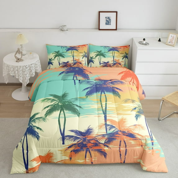 Tropical Bed Set King,Watercolor Palm Tree Leaf Comforter Set for Teens Youth ,Green Plant Tree Bedding Set,Jungle Botanical Quilt,Abstract Oil Plainting Style Duvet Insert