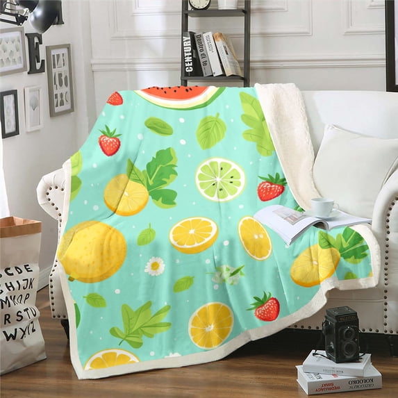 Tropical Fruit Fleece Blanket Twin Strawberry Lemon Sherpa Blanket Summer Holiday Blanket White Daisy Flower Leaves Throw Blanket, Blue Breathable Soft Home D茅corative