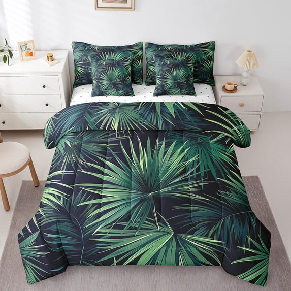Tropical Green Leaves Quilt with Flat Fitted Sheet Summer Hawaiian Comforter Set 7 Piece Full Monstera Banana Leaves Bed In A Bag Jungle Nature theme Bedding Sets