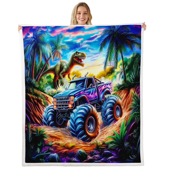 Truck Sherpa Blanket 40"X50" Bed,Cartoon Dinosaur Fleece Blanket Cool Dino Car Throw Blanket Green Tropical Botanical Wildlife Flannel Blanket