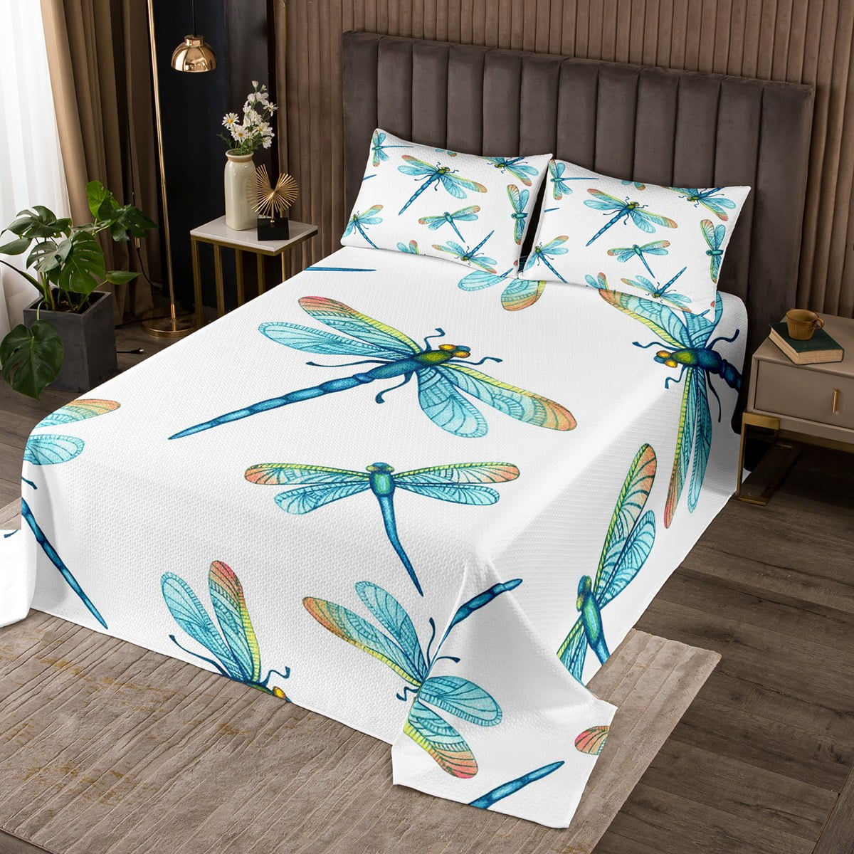 YST Turqoise Dragonfly Bedspread Twin Size Teal Blue Animal Quilt Set