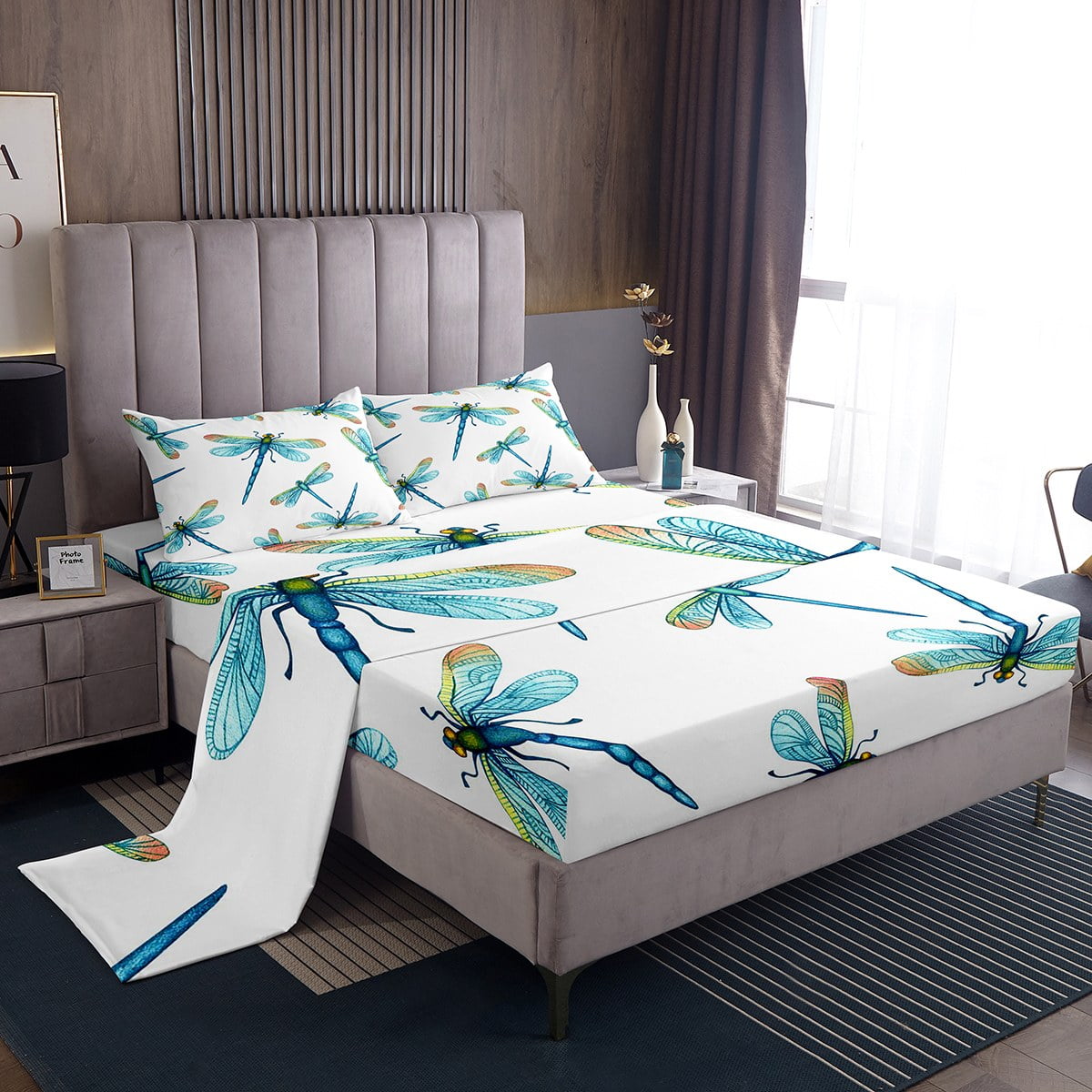 YST Turqoise Dragonfly King Sheets Teal Blue Animal Bed Set, White Bed