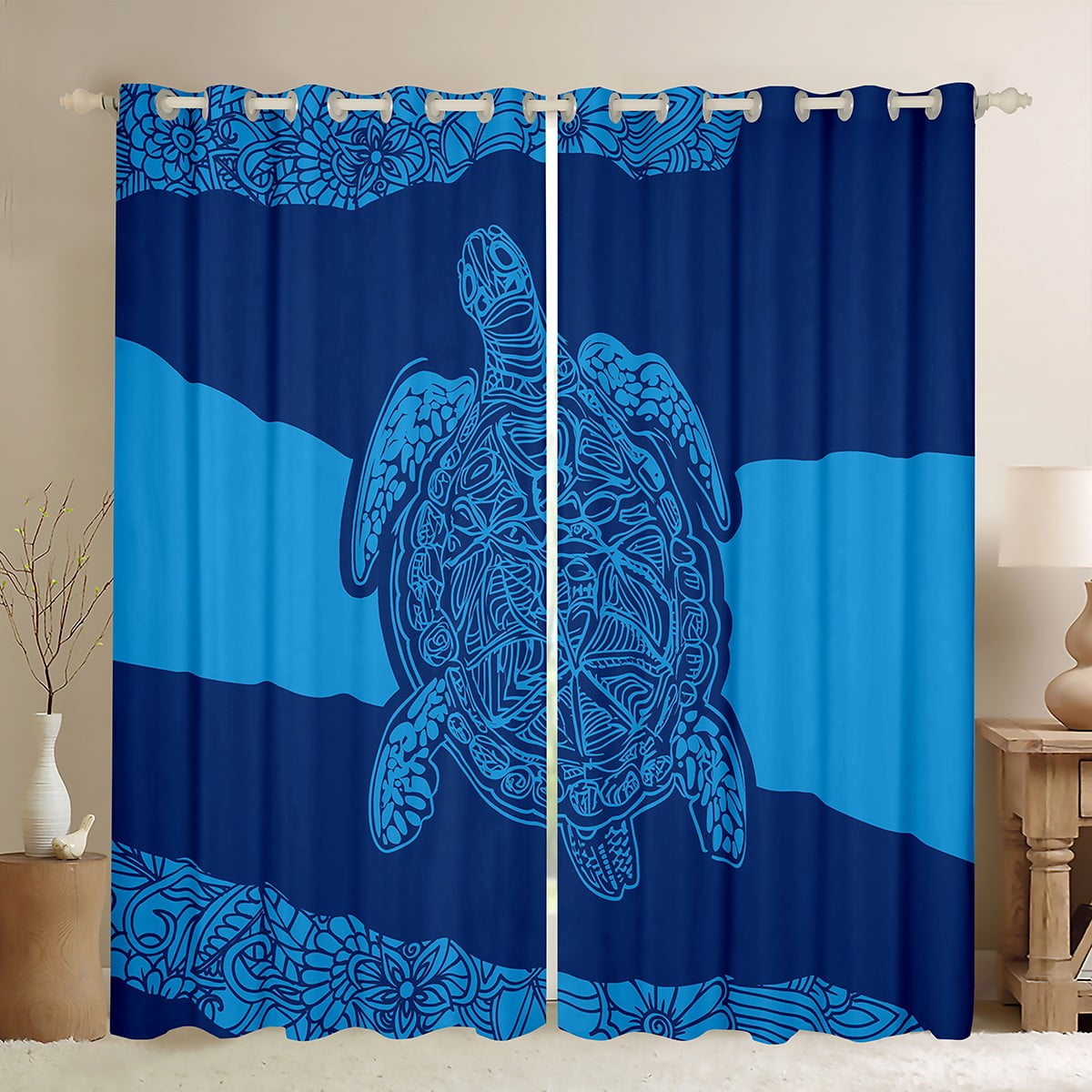 YST Turtle Blackout Curtains Sandfree Beach Curtains, Blue Marine Life