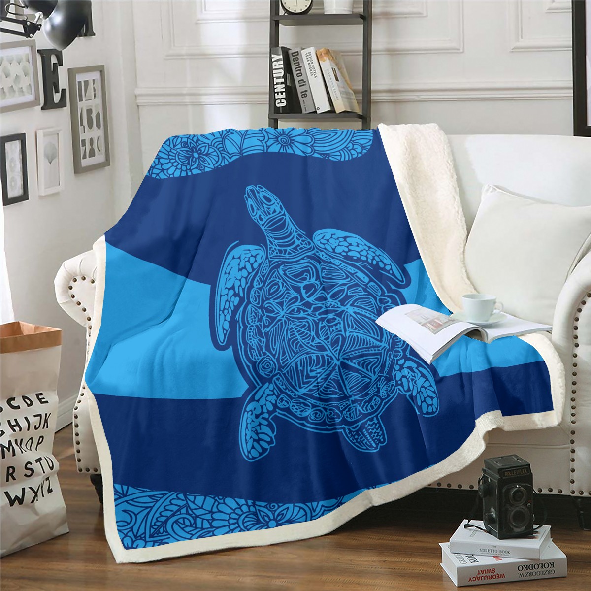 Blue Sea Turtle Quilted Blanket NCU0TH657