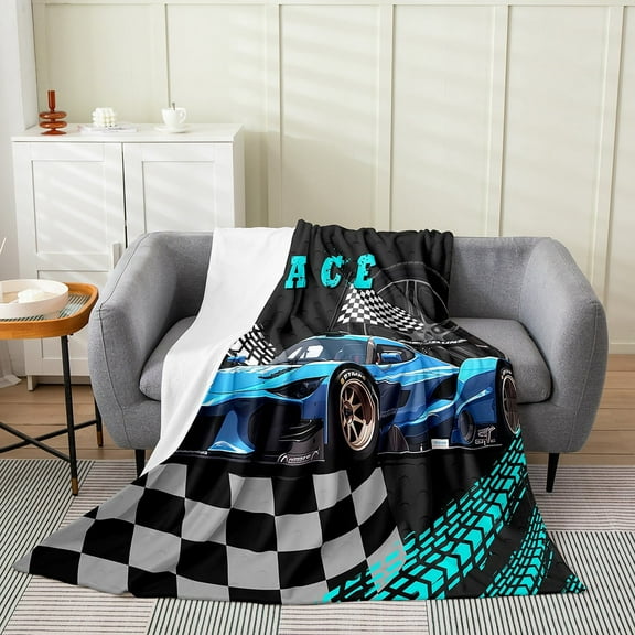 Twin 60x80 inch Flannel Blanket ,Race Car Throw Blanket Sports Car,Black White Buffalo Checkered Bed Blanket Square Grid Plaid Lattice Fleece Blanket for Living Room,Blue