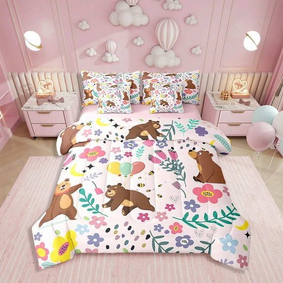 Twin Bed in a Bag Floral Bear Comforter Set with Sheets 7-Pieces All Season Bedding Sets with Comforter, Pillow Sham, Flat Sheet, Fitted Sheet and Pillowcase
