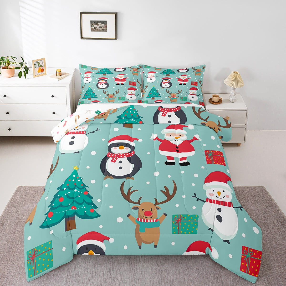 YST Twin Christmas Animal Comforter Set,Cartoon Penguin Reindeer