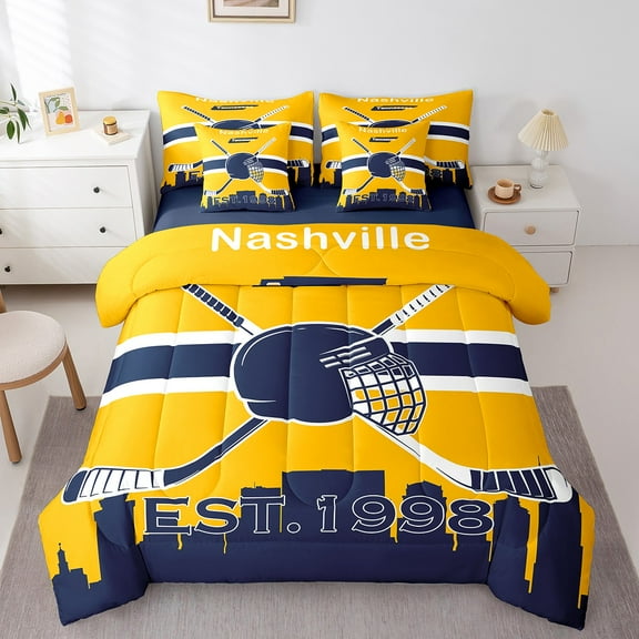 Twin Comforter Set 7 Pieces, All Season Reversible Bed in a Bag Twin,Hockey Team Twin Bedding Set with Ice Hockey Comforter, Flat Sheet, Fitted Sheet, Pillowcases, Pillow Shams,Nashville