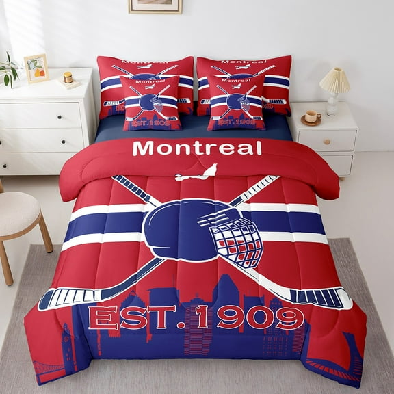Twin Comforter Set 7 Pieces, All Season Reversible Bed in a Bag Twin, Ultra Soft Twin Bedding Set with Ice Hockey Comforter, Flat Sheet, Fitted Sheet, Pillowcases, Pillow Shams,Montreal